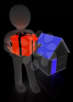 3d man with gift and house on a white background