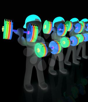 3d mans with colorfull dumbbells on a white background