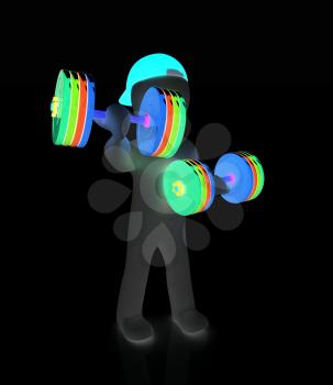 3d man with colorfull dumbbells on a white background