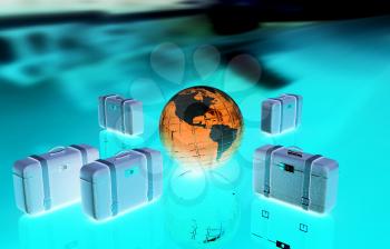 Brown traveler's suitcases and earth. Futuristic 3d illustration 