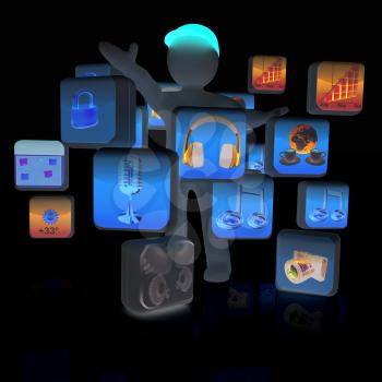 3d man with cloud of media application Icons on a white background