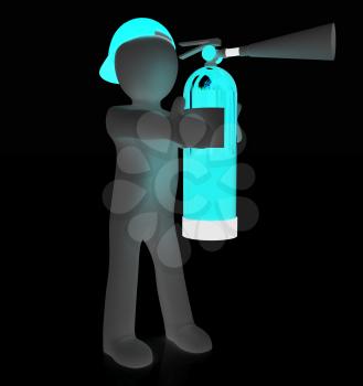 3d man with red fire extinguisher on a white background