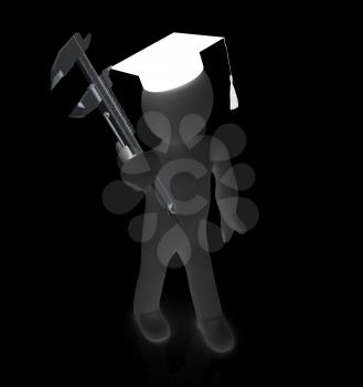 3d man in graduation hat with vernier caliper on a white background