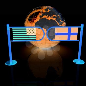 Three-dimensional image of the turnstile and flags of USA and Sweden on a white background 