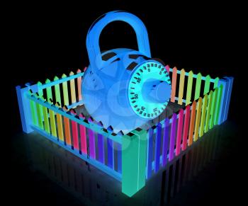 Protection concept.Lock closed colorfull fence on a white background