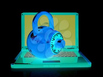 Laptop with lock.3d illustration on white isolated background.