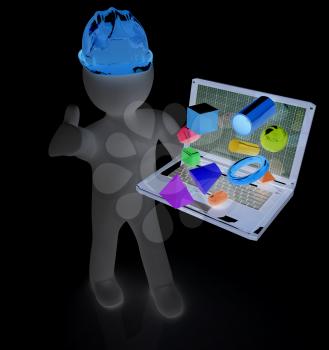 3D small people - an engineer with the laptop presents 3D capabilities on a white background