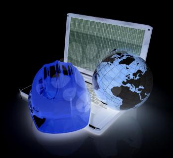 Hard hat and earth on a laptop on a white background