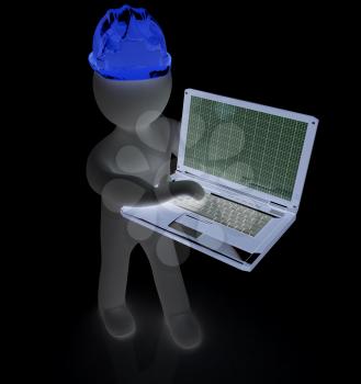 3D small people - an engineer with the laptop on a white background
