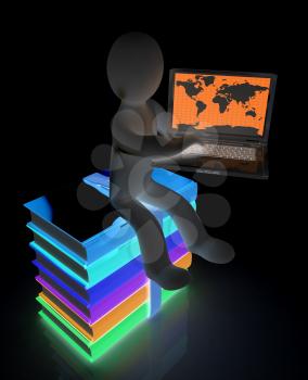 3d man sitting on books and working at his laptop on a white background