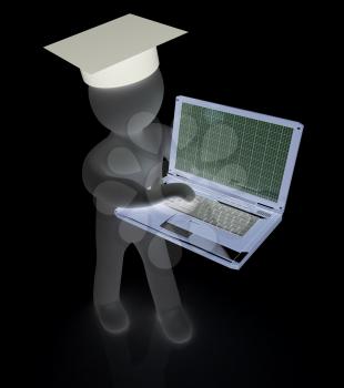 3d man in graduation hat with laptop on a white background