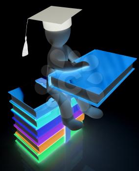 3d man in graduation hat with useful books sits on a colorful glossy boks on a white background