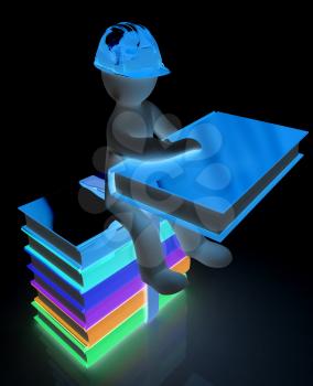 3d man in a hard hat with book sits on the colorful books on a white background