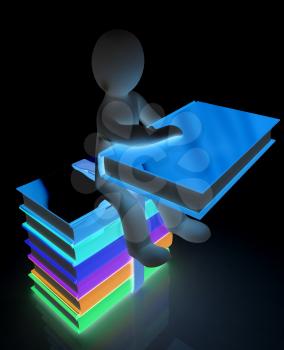 3d man sitting on books and keeps at his book on a white background