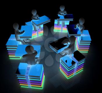 3d mans with book sits on a colorful glossy books on a white background