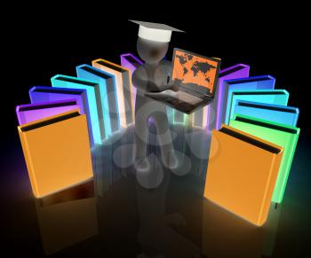 3d man in graduation hat working at his laptop and books on a white background