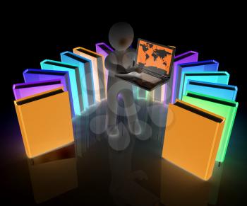 3d man sitting on books and working at his laptop on a white background