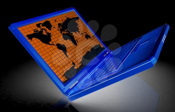 Gold laptop with world map on screen on a white background