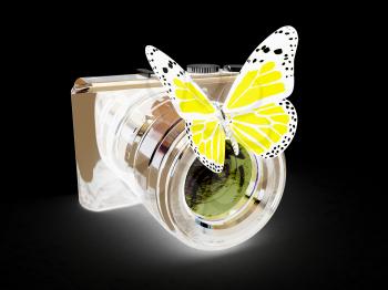 3d illustration of photographic camera and butterfly on white background