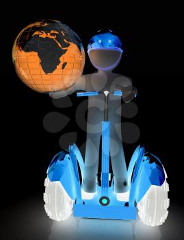 3d white person riding on a personal and ecological transport and earth.Global ecology and healthy life concept.3d image. 