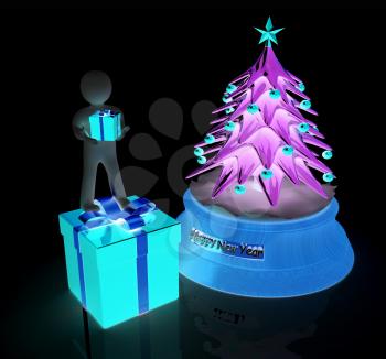 3D human, gift and Christmas tree on a white background