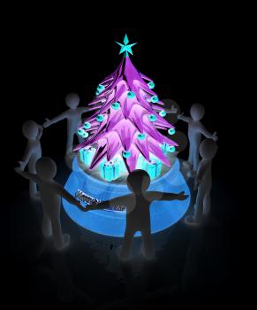 3D human around gift and Christmas tree on a white background