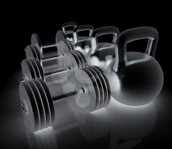 Metall weights and dumbbells on a white background