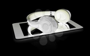 a creative cellphone with headphones isolated on white, portable audio concept 