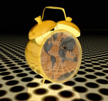 3d illustration of glossy clock of world map. Time concept