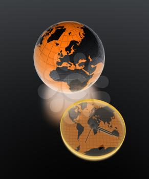 Clock of world map and earth on metallic background