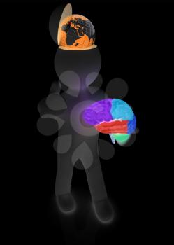 3d people - man with half head, brain and trumb up. Traveling concept with earth