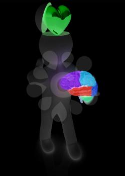 3d people - man with half head, brain and trumb up. Love concept with heart