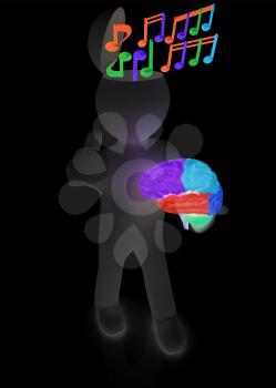 3d people - man with half head, brain and trumb up. Сomposer concept with colorfull note 