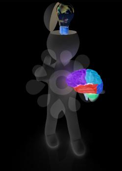 3d people - man with half head, brain and trumb up. Idea concept