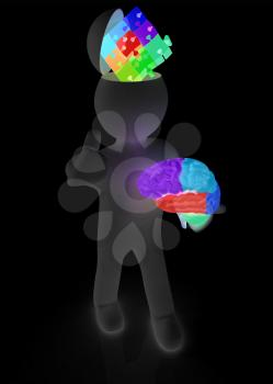 3d people - man with half head, brain and trumb up. Idea concept with puzzle