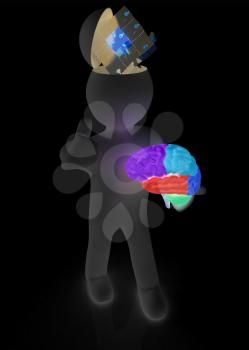 3d people - man with half head, brain and trumb up. Idea concept with puzzle