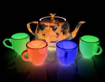 colorfull cups and teapot for earth. Globally. Drink for the entire planet.Concept of communication