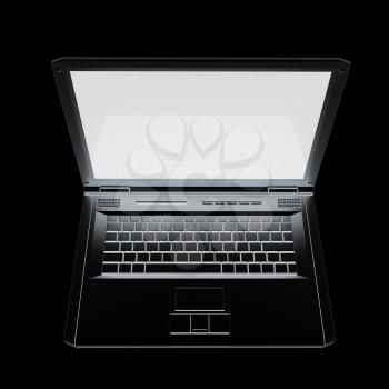 Laptop computer with black screen. View from top close-up