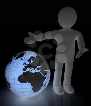 3d people - man, person presenting - pointing. Global concept with earth