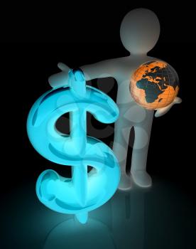 3d people - man, person presenting - dollar with global concept with Earth