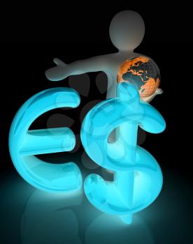 3d people - man, person presenting - euro and dollar with global concept with Earth
