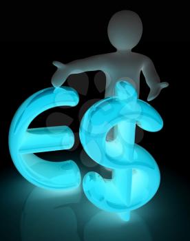 3d people - man, person presenting - dollar and euro sign