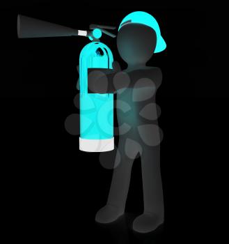 3d man with red fire extinguisher on a white background