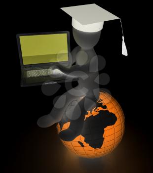 3d man in graduation hat sitting on earth and working at his laptop on a white background