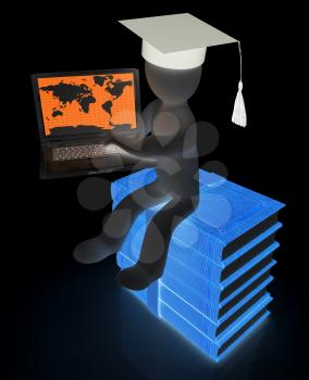 3d man in graduation hat sitting on books and working at his laptop on a white background
