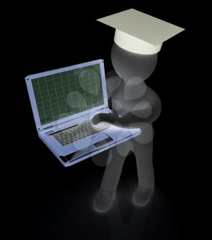 3d man in graduation hat with laptop on a white background