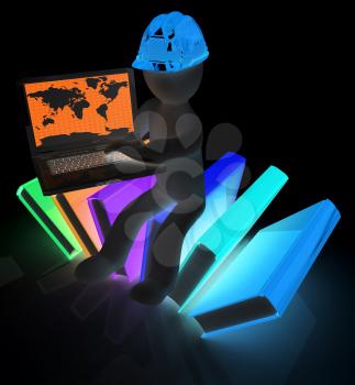 3d man in hard hat sitting on books and working at his laptop on a white background