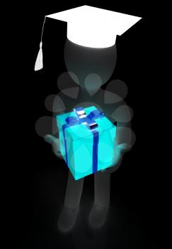3d man in graduation hat with gift