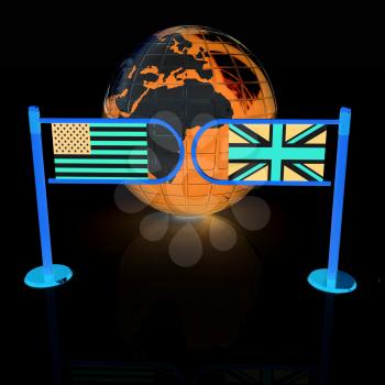 Three-dimensional image of the turnstile and flags of USA and UK on a white background 