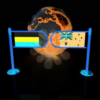 Three-dimensional image of the turnstile and flags of Russia and Australia on a white background 